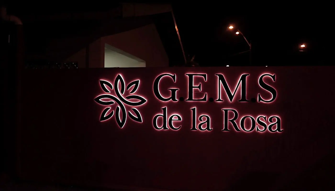 The illuminated G.E.M.S de la Rosa sign at night